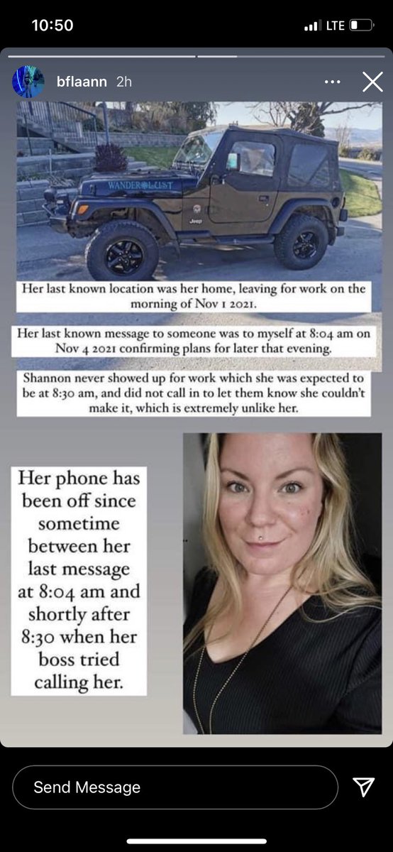 AlleyDalley's tweet photo. My friend’s friend is asking for help. Shannon is missing and has not been seen since Monday. She is from Kamloops. Please RT and keep an eye out for her or her Jeep. https://t.co/vQpDxKg6Cb