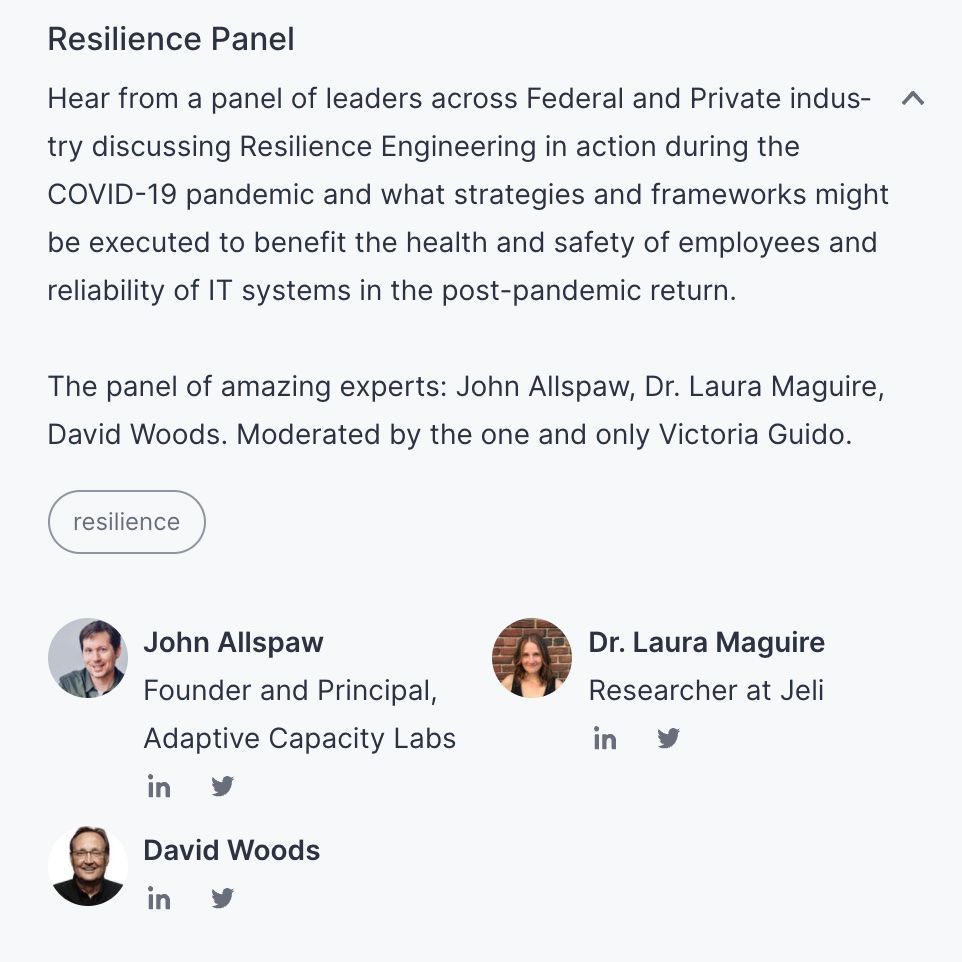 DevOpsDaysDC's tweet image. At 10:30am ET hear the panel which @RealGeneKim called "phenomenal" 🙌 buff.ly/3nmWsss. Industry all-stars will discuss Resilience Engineering during COVID-19: what strategies & frameworks best serve health, employee safety & IT systems reliability in post-pandemic return