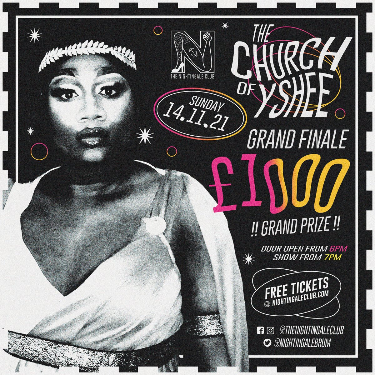 NightingaleBrum's tweet photo. ✨✨THE CHURCH OF @ysheeblack FINALE IS HERE!✨✨

THE BIGGEST UK LIP-SYNC COMPETITION FINALE IS BACK, CONTESTANTS BATTLE IT OUT TO WIN £1000!

WITH SPECIAL GUEST JUDGES! 
- @joelycett 
- @GinnyLemon69 
- Jada Love
- Dosa Cat

FREE tickets - https://t.co/kJSqXDMwjT https://t.co/a5fLthDCPG