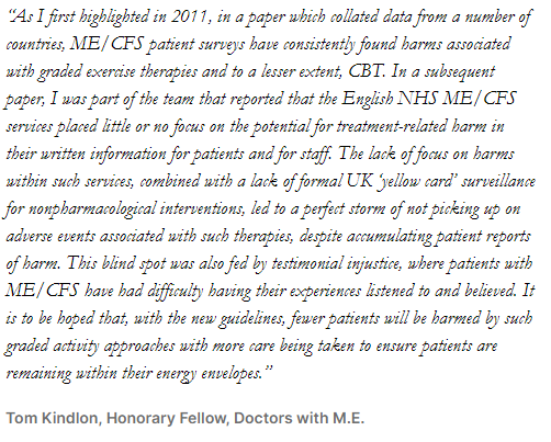 TomKindlon's tweet photo. My comments on new NICE #MEcfs guidelines.

The harm from graded activity-oriented therapies in the past is a tragedy &amp; it's very disappointing the system was so slow to pick up on it.

From
@DoctorsWithME statement
https://t.co/nBrF2tFTDu

#CFS #PwME #ChronicFatigueSyndrome

1/ https://t.co/Y05fhxEgoH
