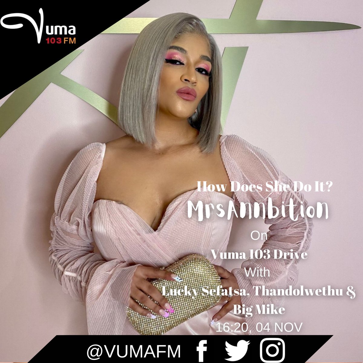 VumaFM's tweet photo. How does she do it? Spotlight on MrsAnnbition
One of the most well known cast members of the reality show โReal Housewives of Durbanโ. Annie โLudickโ Mthembu. Known for being a Serial Entrepreneur, Reality TV Star, Wife and Mother.
#Vuma103Drive #HowDoesSheDoIt? https://t.co/jkmRsrDXzo