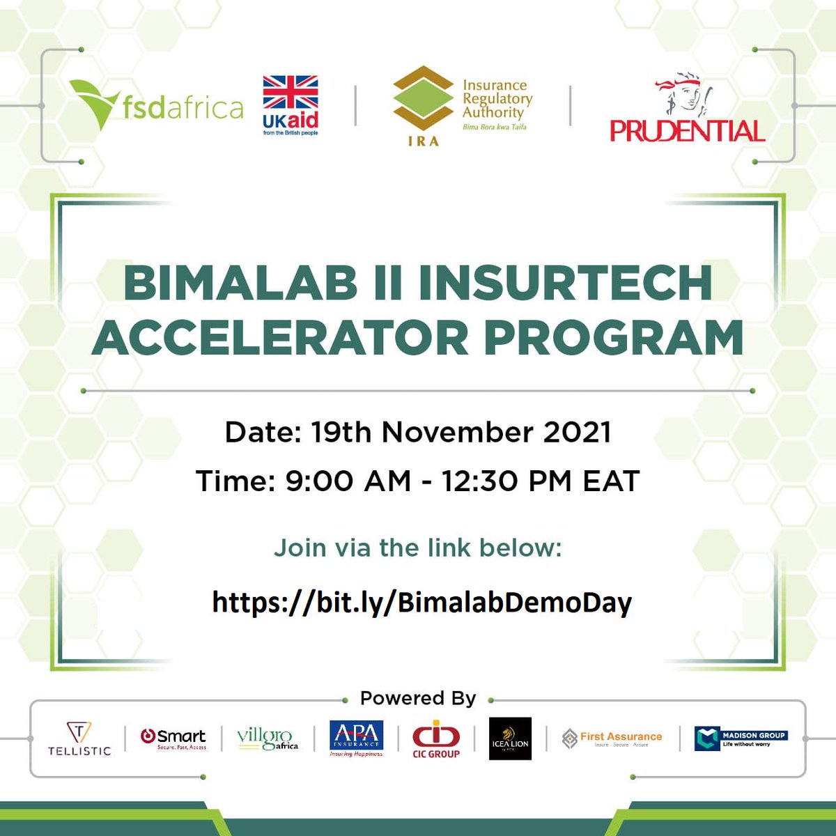 We look forward to hosting you at the BimaLab II Accelerator Demo Day event happening on 19th November in partnership with @FSDAfrica . The forum is designed to enable companies to gain access to key linkages that'll support their ventures.

Register:lu.ma/bimalab2