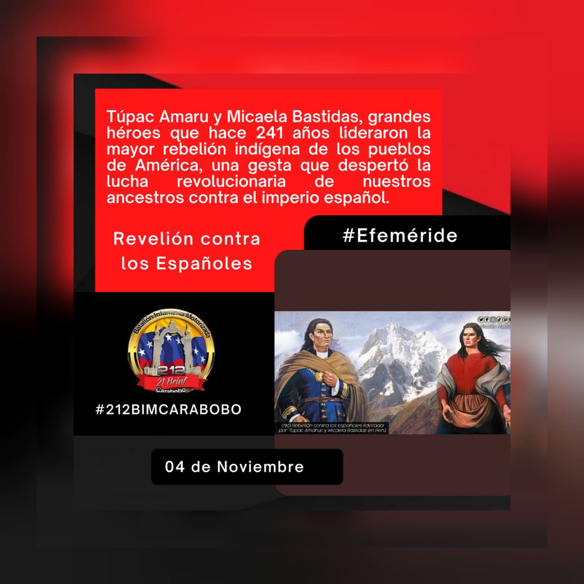 212carabobo1's tweet photo. #Efeméride. Recordamos hoy #04deNov la Revelion de 1780 de Tupac Amaru y de Micaela Bastidas contra los Españoles, al cumplirse 241 años de ese hecho histórico.
#FANBESSOBERANIA
#21brigadadeinfantería
#212BIMCARABOBO https://t.co/qhQ5dtfhfA