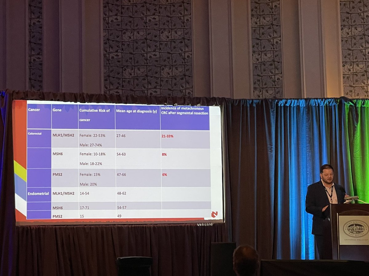 <a href="/SeanLangenfeld/">Sean Langenfeld</a> w the *key* slide on MMR protein gene mutations and risks of malignancy. Not all genes carry the same risks, resection options can be tailored with appropriate patient selection and surveillance. #OCC2021