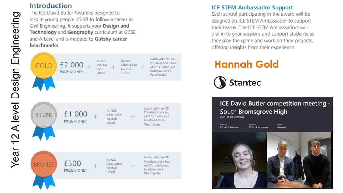 Great <a href="/InstitutionIce/">Institution of Civil Engineers (ICE), India</a> David Butler Award meetings this week between year 12 Design Engineers and STEM Ambassadors Sasha Cowley <a href="/cardiffuni/">Cardiff University</a> and Hannah Gold <a href="/Stantec/">Stantec</a>