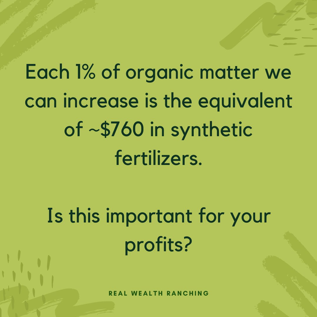 1% of organic matter we can increase is the equivalent of $730-760 in synthetic fertilizers per acre. 
Is this important for your profits? You bet!
Free download PDF: 5 Steps to Stop Spending on Synthetic Fertilizers bit.ly/3k2OOCM
