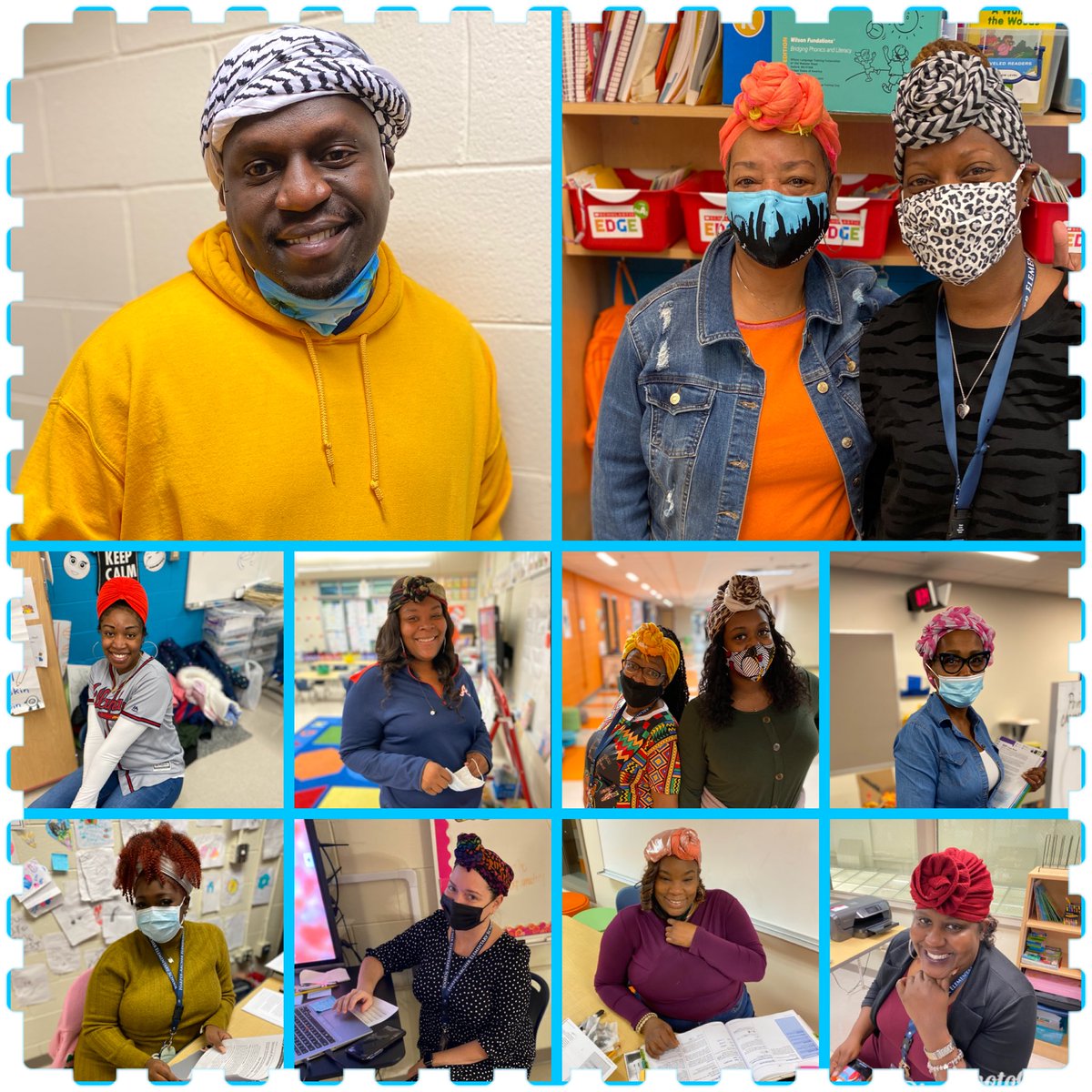 APSHAES's tweet photo. What happens when the call goes out that one of our scholars doesn’t feel pretty because she has to wear a head wrap? The faculty and staff wears one in support of her inner beauty!❤️❤️ @DioneDSimon @Retha_Woolfolk @SEL_APS @apsupdate @DrLisaHerring https://t.co/JwbYANOVDa