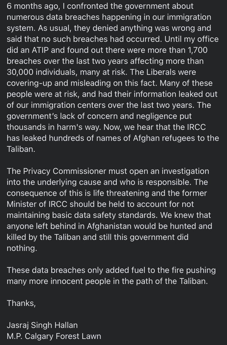 To see my letter to the Privacy Commissioner to open an investigation  into data breaches regarding Afghani Refugees check out my Facebook: Facebook.com/jasrajshallan. For more comments please read this article: cbc.ca/news/politics/…