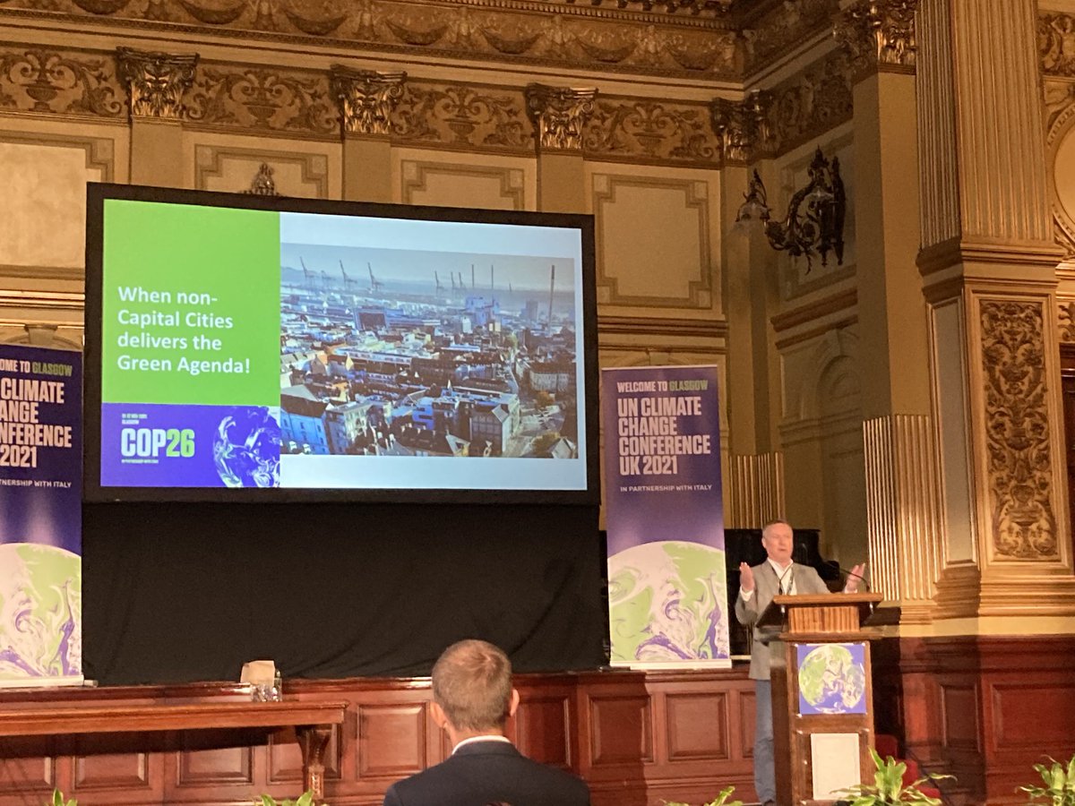 Day 3 of the ⁦<a href="/URBACT/">URBACT</a>⁩ ⁦<a href="/Urb_En_Pact/">Urban Energy Pact</a>⁩ COP26 delegation. Today’s summit @glasgowcc focusing on non-capital cities delivering the green agenda. Opened by Dep Leader McDonald whose focus is “Less carbon, more fairness”