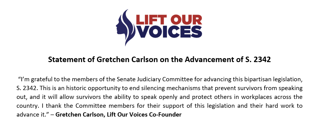 Statement of <a href="/LiftOurVoicesUS/">Lift Our Voices</a> Co-Founder <a href="/GretchenCarlson/">Gretchen Carlson</a> on S. 2342, Ending Forced Arbitration of Sexual Assault and Sexual Harassment Act of 2021, as the Senate Judiciary Committee advances it from Committee. <a href="/JudiciaryDems/">Senate Judiciary Democrats 🇺🇸</a> <a href="/SenJudiciaryGOP/">Senate Judiciary Republicans</a>