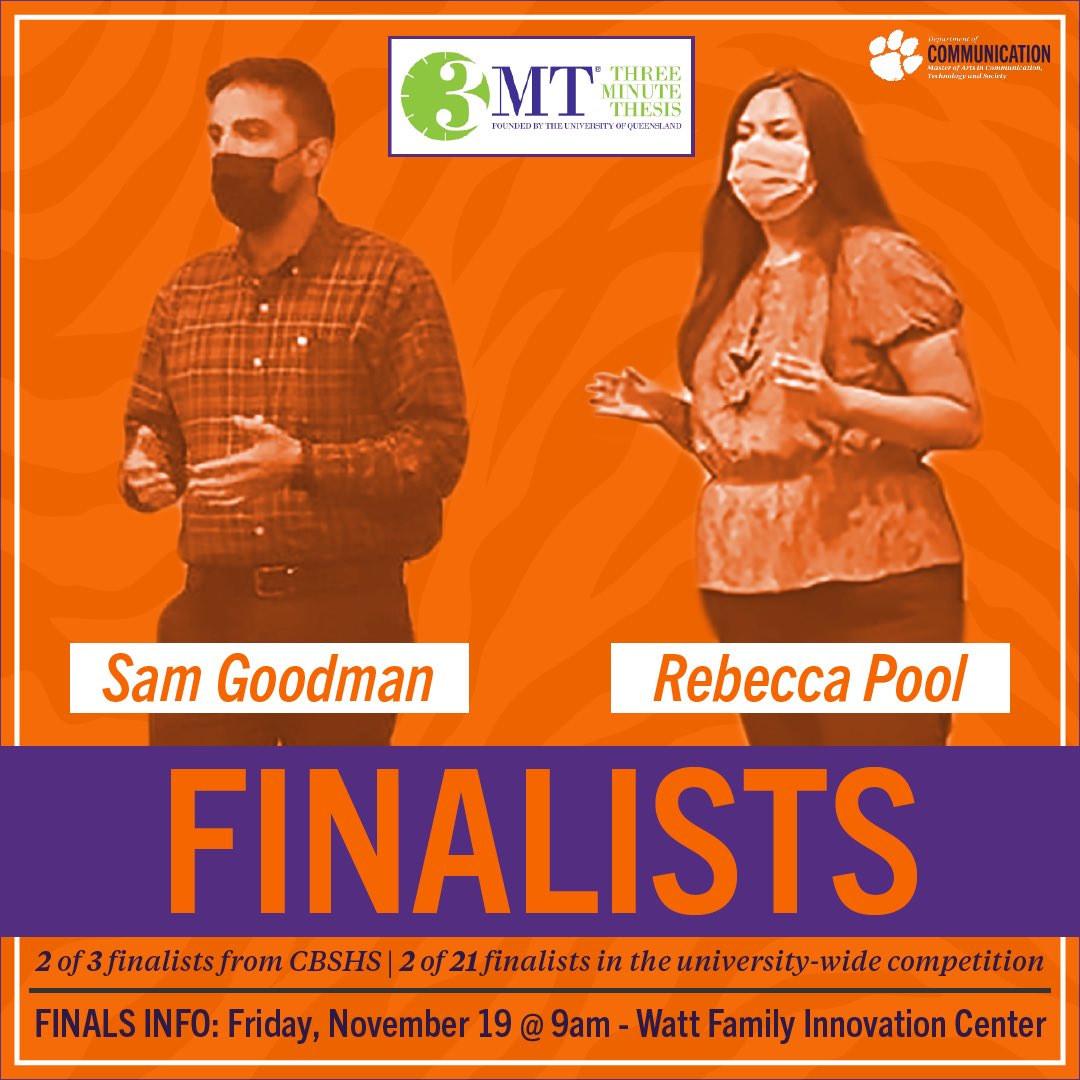 ClemsonMAComm's tweet photo. Join us in congratulating Rebecca Pool and Sam Goodman on their selection as finalists in the Clemson University 3MT® Competition!

Come support them in the finals on Friday, November 19 starting @ 9am in the Watt Center. https://t.co/1G6VISq42R