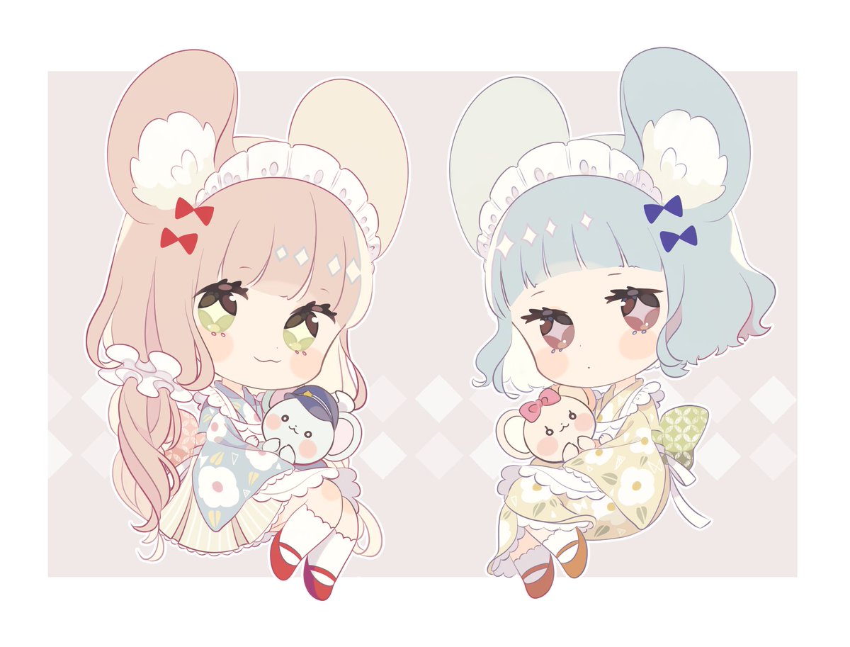 multiple girls 2girls animal ears mouse ears japanese clothes kimono maid headdress  illustration images