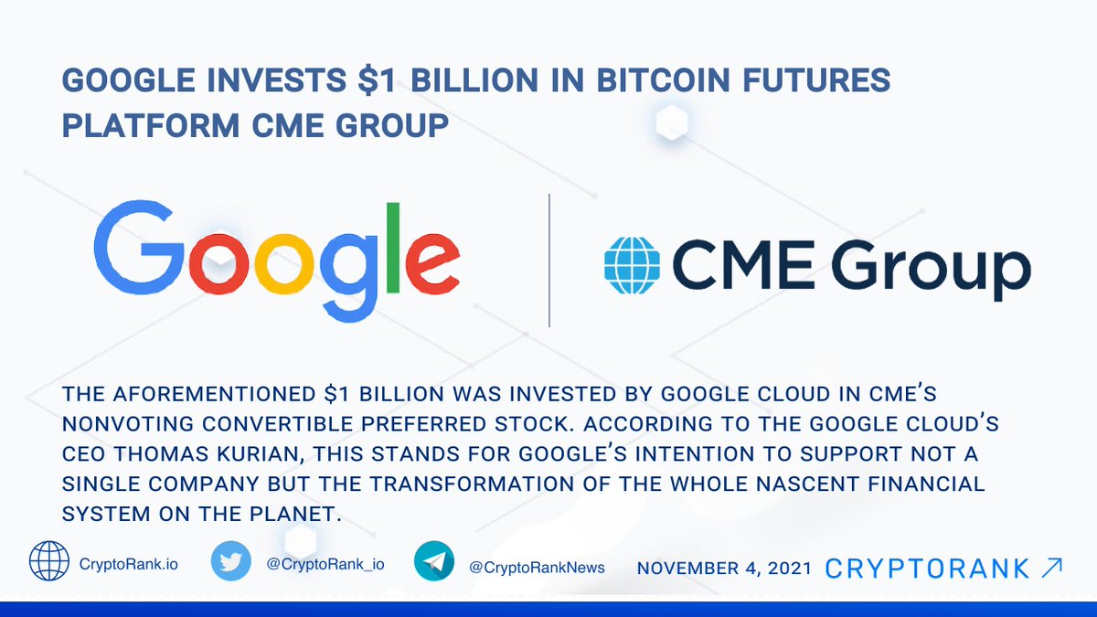 🚀 <a href="/Google/">Google</a> Invests $1 Billion in #Bitcoin Futures Platform <a href="/CMEGroup/">CME Group</a> 

👉 wsj.com/articles/googl…