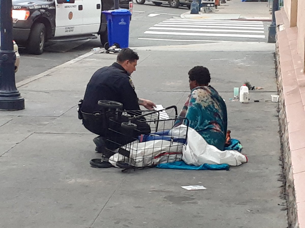 HomelessnessSD's tweet photo. About as low as it gets. Out early giving people citations for sitting on the sidewalk. Hope @ToddGloria is proud of these homeless solutions. https://t.co/EQMsGvXsZK