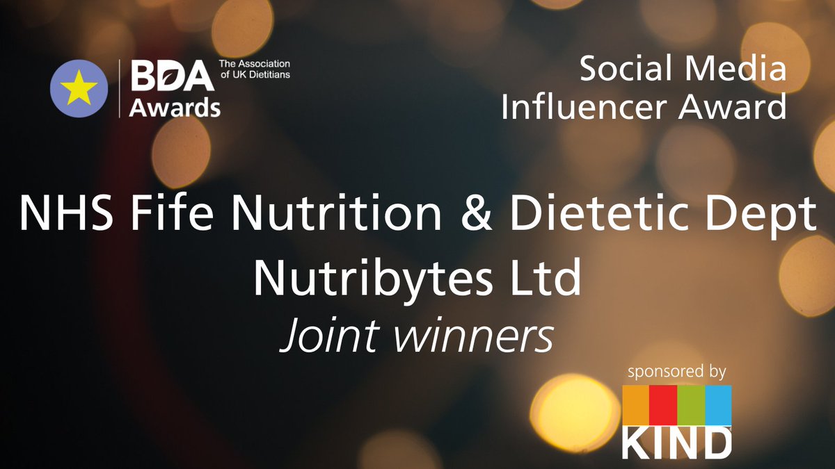 BDA_Dietitians's tweet image. Our next award, sponsored by @kindsnacksuk, celebrates those who have been particularly influential on social media.

Congratulations to joint winners @nhsfife Nutrition &amp;amp; Dietetic Department and @Nutribytes_ltd!

#BDAAwards