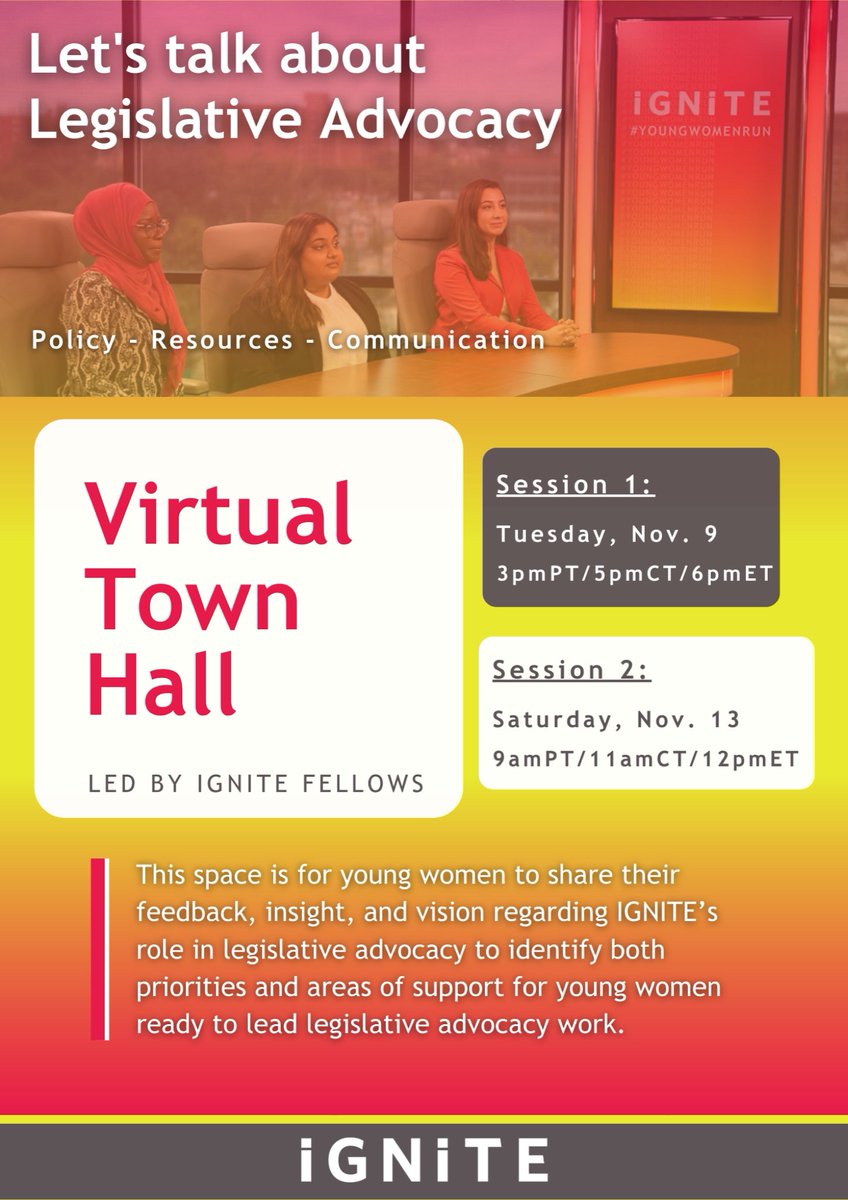 igniteseu's tweet photo. Join @IGNITE_National for the upcoming Legislative Advocacy Town Hall happening next Tuesday, Nov. 9 at [3pmPT/5pmCT/6pmET]. This important event will provide a space for young women to share your feedback, insight, and vision regarding IGNITE's role in legislative advocacy. 1/2 https://t.co/UppjmGvV0l
