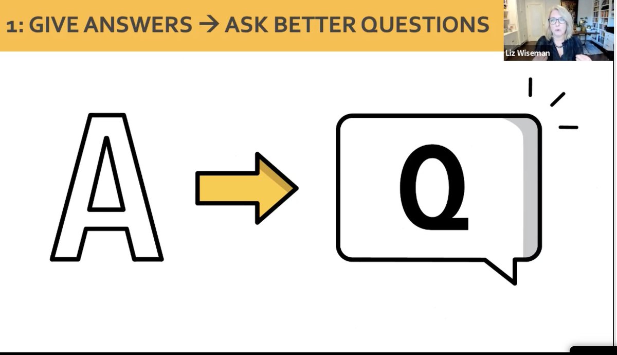 "How long have I prevented them from doing what they know how to do, by telling them what to do... When something goes wrong, instead of switching to giving answers, use questions to let your team figure it out on their own." <a href="/LizWiseman/">Liz Wiseman</a> <a href="/jimknight99/">Jim Knight 🇺🇦</a> #TLC2021