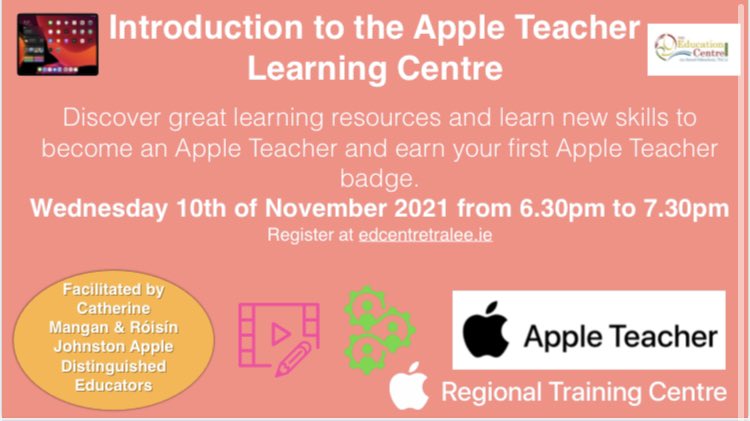 Our next webinar takes place next Wednesday with <a href="/catherinem23/">Catherine Mangan 🇮🇪🇺🇦</a> &amp; <a href="/RoisinJohnston1/">Róisín Johnston</a> presenting. This webinar is relevant to all educational staff. Book your free place now via @edcentretralee #AppleRTC