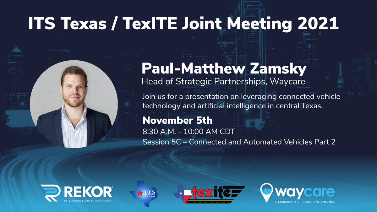 WaycareTech's tweet image. Hey Dallas! Want to know more about leveraging #connectedvehicle technology and #AI on your roadways?

Catch Paul Zamsky @pmz7531 speak tomorrow at 8:30am CDT about our deployment with the Central Texas Regional Mobility Authority (CTRMA). 

Learn more: rekor.co/3bFggBZ