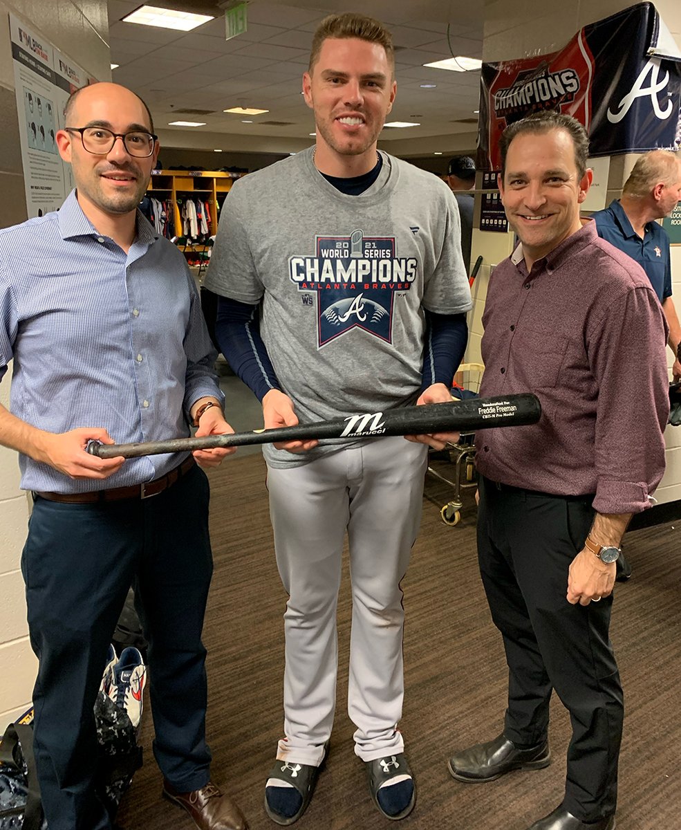 baseballhall's tweet photo. Thanks for the bat, @FreddieFreeman5! 👏

The @Braves hero handed his Game 6 bat off to @Shesta_HOF and @HOFPrez after the champs clinched in Houston. https://t.co/szsjy9ZQoy