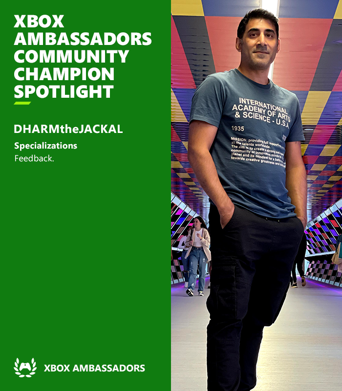 XboxAmbassadors's tweet photo. This week's #XboxAmbassador Community Champion spotlight is on @DharmeshShahD!

DHARMtheJACKAL is a big Halo fan who's also passionate about ensuring gaming experiences stay safe, accessible, and inclusive for everyone. Say hello and congrats when you see him around! https://t.co/QymfCTZDd1