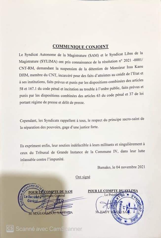 Malibooknews's tweet photo. #Justice :: Les deux Syndicats de la Magistrature #SAM & #SYLIMA rĂ©agissent face Ă la rĂ©solution du Conseil National de Transition sur lâaffaire Issa Kaou DJIM đđż https://t.co/eqUYuxdtWc