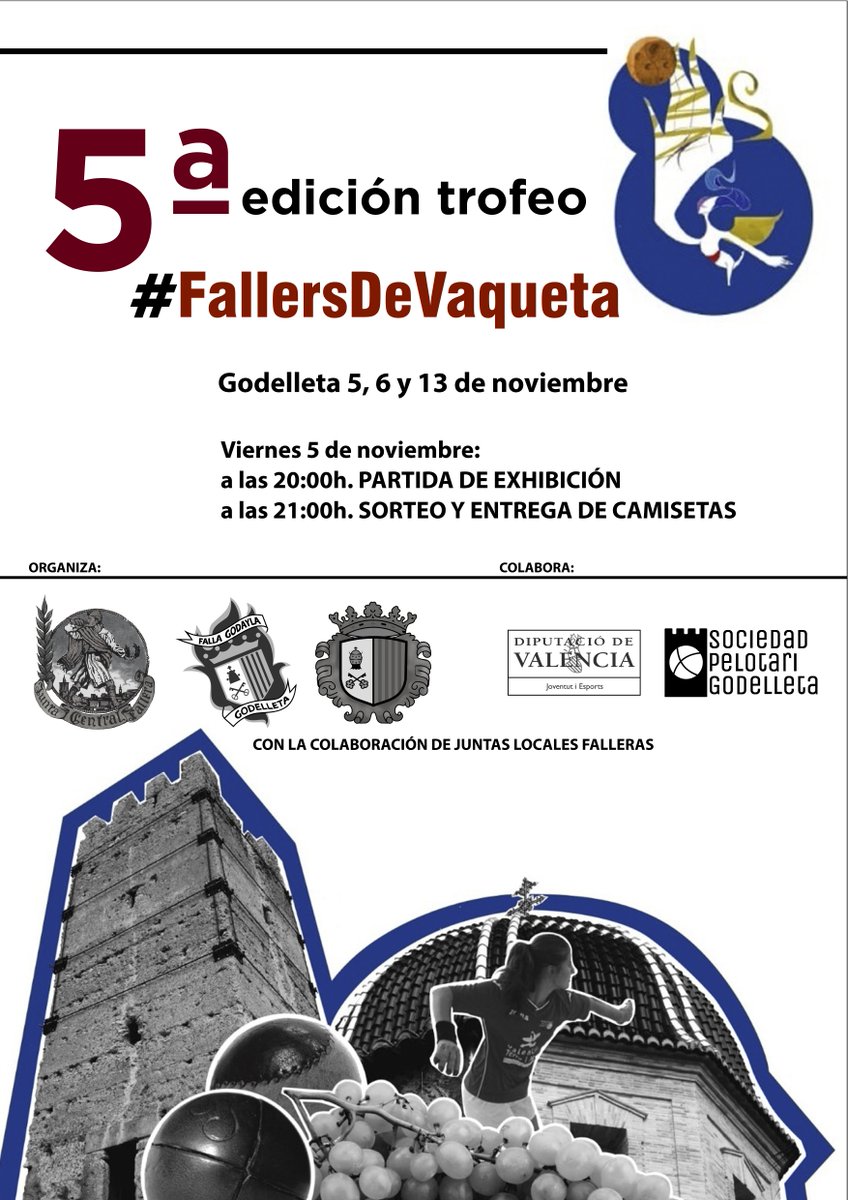 JCF_Valencia's tweet image. ⚾📣 Demà presentem la 5ª edició del campionat #FallersDeVaqueta 🏆 de pilota valenciana, competició que enguany acull la localitat de #Godelleta els dies 5, 6 i 13 de novembre

📌 A les 20:00 hores, partida d'exhibició. T'esperem! 🙌

#JuntsMolemMés #EsportsJCF
