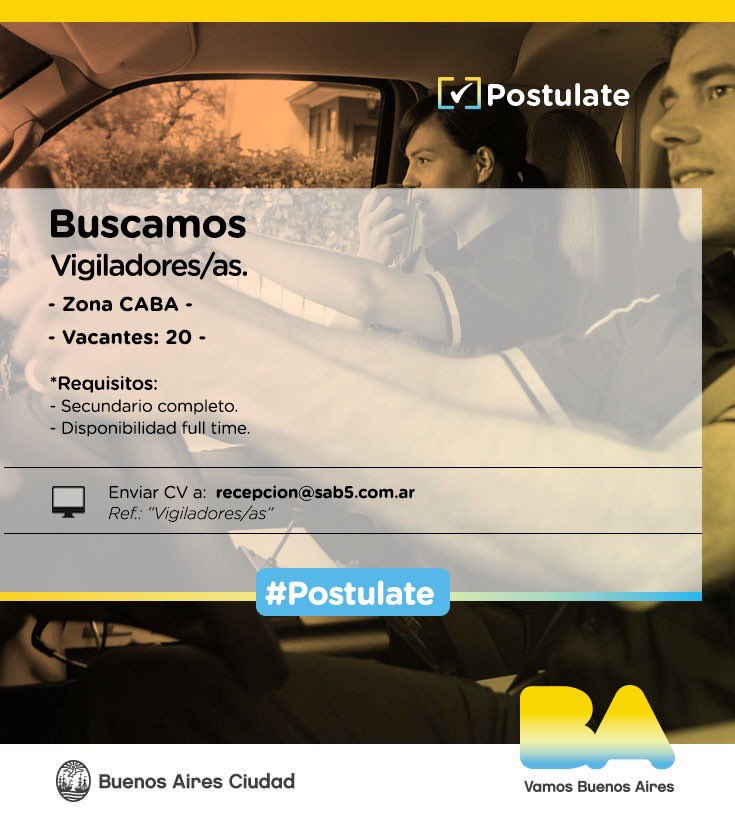 TrabajoBA's tweet photo. 🟡Vigiladores/as - 20 Vacantes
🟡Zona CABA

Requisitos: 
🟡Secundario completo.
✅Disponibilidad full time. 

Tareas a desempeñar:
🟢Vigilancia en general en el sector asignado. 

#postulate 👉Enviar CV a recepcion@sab5.com.ar con Ref. Vigiladores/as https://t.co/fIIrTONGS5