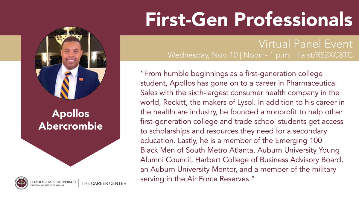 FSUCareerCenter's tweet photo. We'll be featuring our panelists leading up to the event next week! Learn a little more about Apollos Abercrombie ⬇️ #FGENweek #DesignYourCareer https://t.co/b6eUOrBDTK