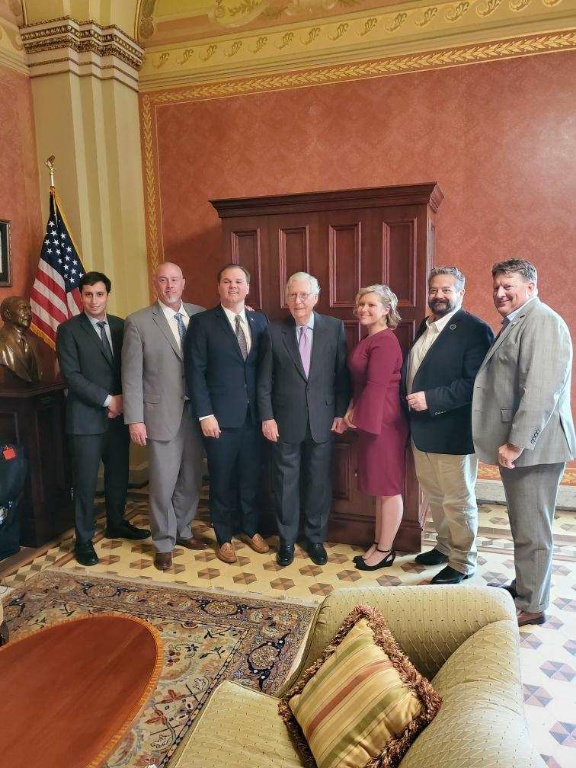 NUCA_National's tweet photo. #NUCASummit Views: @nucaofkentucky chapter execs & members, NUCA Chairman Lauren Atwell & @NUCA_CEO met with Senate Minority @LeaderMcConnell to discuss Congress's #infrastructure package and #PassIIJA.
#HR3684 & better water infrastructure is needed by America today! https://t.co/af27G9rYcQ