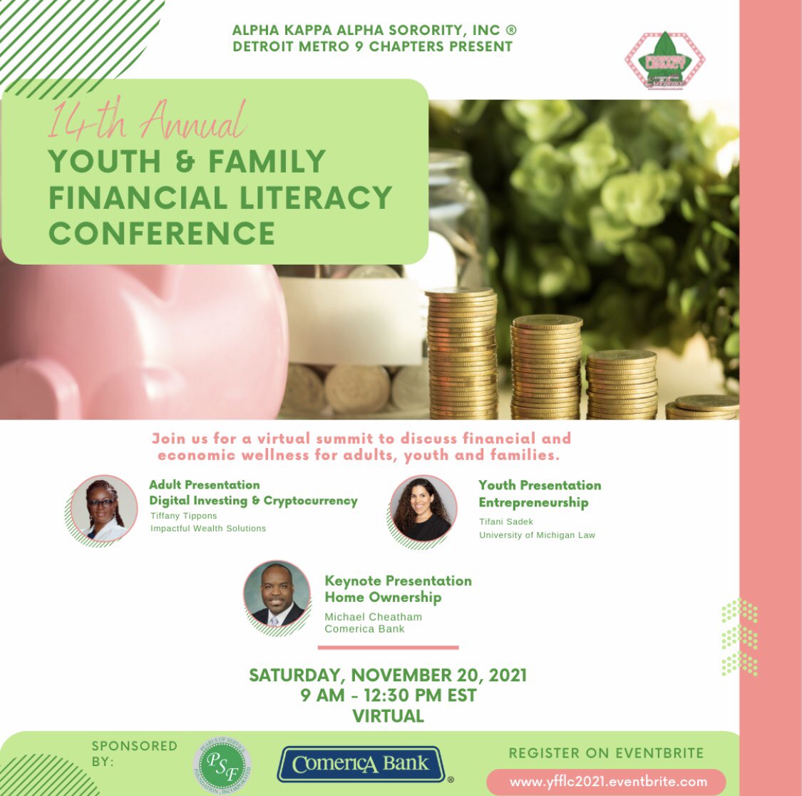 PSF_SFLD's tweet photo. Join us for the 14th annual Youth and Family Financial Literacy Conference sponsored by the Detroit Metro 9 Chapters of Alpha Kappa Alpha Sorority, Inc. ®. It’s all about growing your assets with workshops.
YFFLC is open for all ages. https://t.co/sxEUBBIVdX https://t.co/J52NjkzGNS