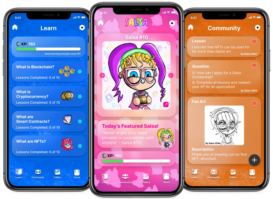 SalsaNFT's tweet photo. We want to create a space for parents and children to easily learn crypto and blockchain technology together, so we're building an educational app. What do you think of our mockups so far? https://t.co/fiqVBrL8pj