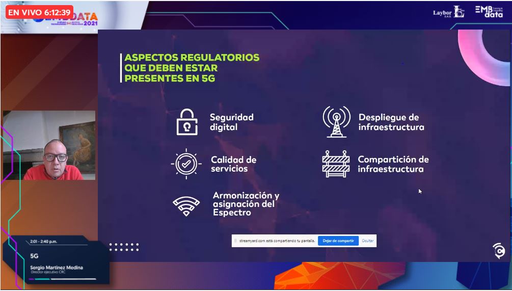 CRCCol's tweet image. &quot;El 5G va a ser un instrumento para que tengamos un control del medio ambiente y contrarrestar el cambio climático, es un reto que tiene la humanidad&quot;: @sergiommedina en el 6to Encuentro Mundial de Big Data 2021. #embdata