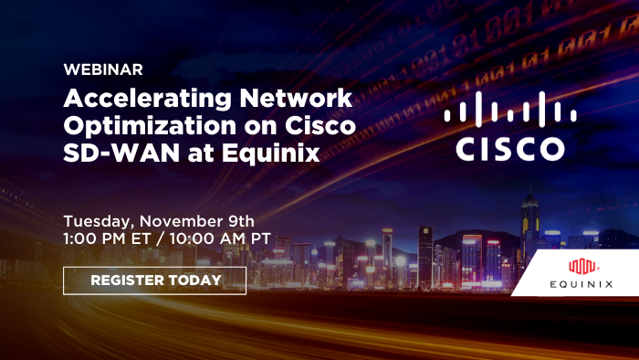 Equinix's tweet photo. Did you know SD-WAN can cut network costs by up to 66%? Join the @Cisco and @Equinix webcast on 11/9 at 1:00 PM ET, to learn how to accelerate network optimization on the Cisco SD-WAN at Equinix. https://t.co/rKX42xflyo https://t.co/M0zmcSozeS