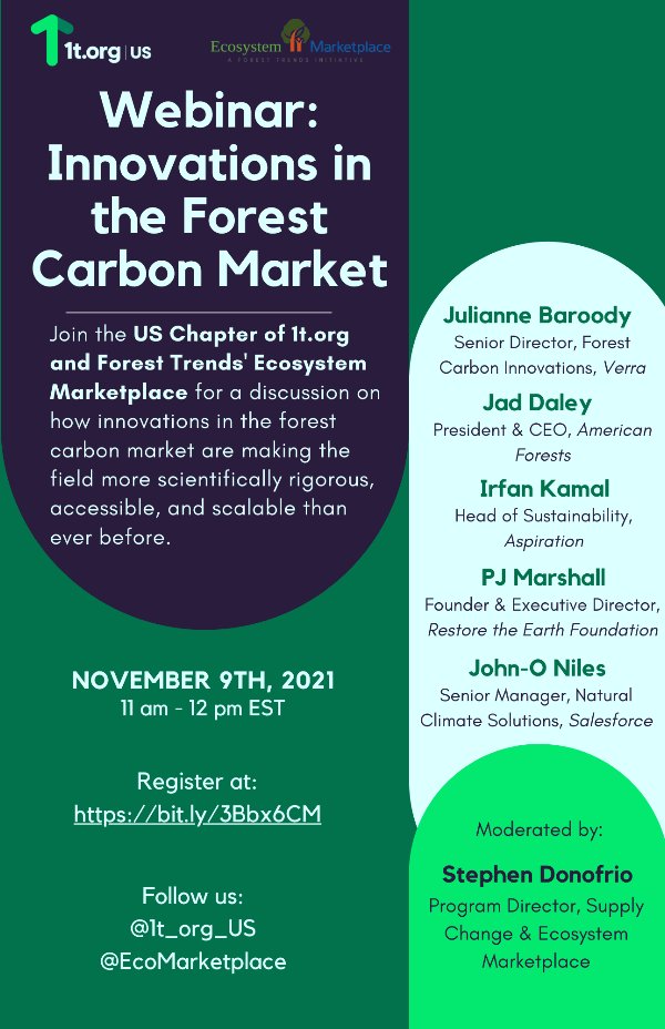 REF_Restores's tweet image. You're invited! Join us Nov 9 to learn about innovations in the Forest Carbon Market from expert panelists including @REF_PJ. Hosts @1t_org_US &amp;amp; @EcoMarketplace will also be joined by speakers from @salesforce @AmericanForests @Aspiration &amp;amp; @VerraStandards bit.ly/3Bbx6CM