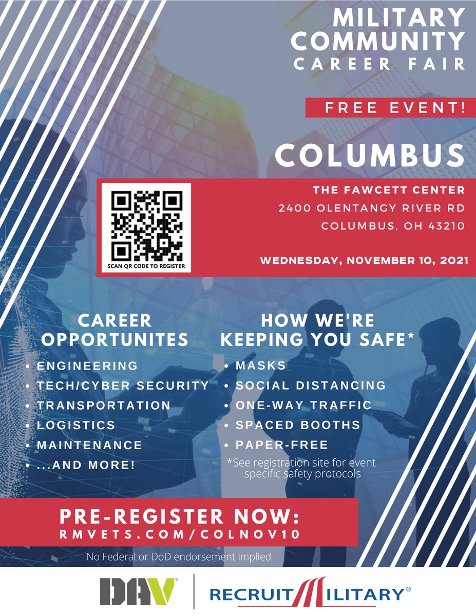 FREE EVENT! 

If you are located in the Columbus Ohio area and are looking for assistance in finding employment, please do not miss out on this excellent career opportunity. 

Pre-Register for this event today by following this link: rmvets.com/colnov10 

#jobfair #veterans