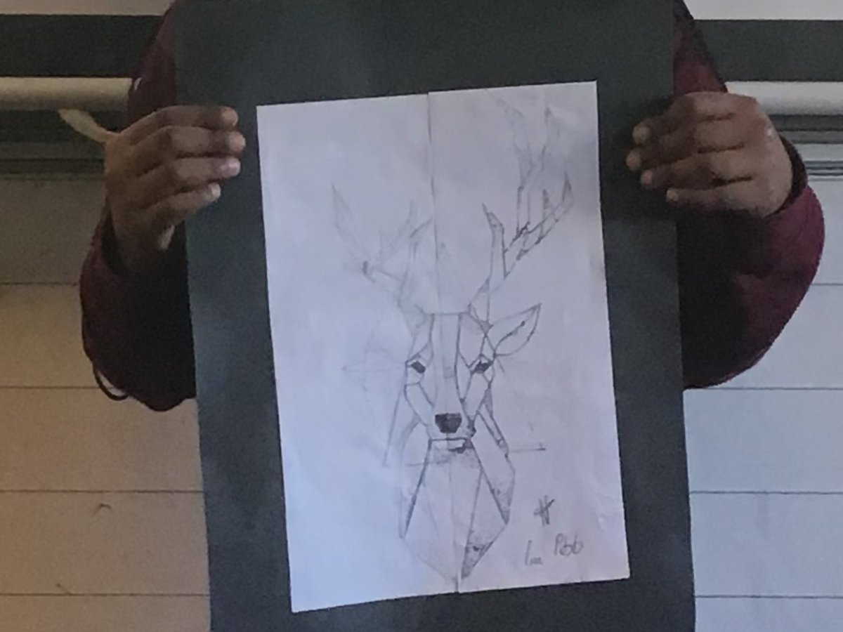 MrsGronkowska's tweet photo. #P5b are so pleased with how our geometrical,  symmetrical deer  sketches have turned out 🦌  Also, learning  about points of reference in art  🖼 #mathsinart #symmetryart .  Can you recognise which half is printed and which created by the children😁 https://t.co/d1YmXlHXex