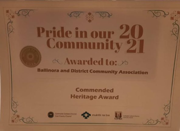 BallinoraComm's tweet photo. Congratulations to the Retired Men's Group and local volunteers who in association with the BDCA have received the Muintir Na Tire
- Pride in our Community - Commended Heritage Award -
for work undertaken to restore the graveyard at Corbally Co Cork. https://t.co/TlSM4BTlMG