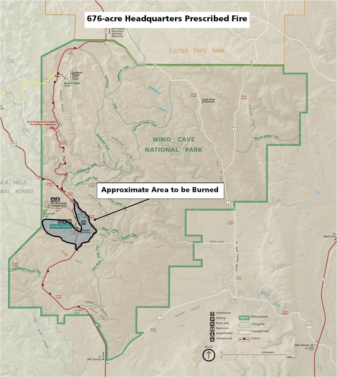 Wind Cave National Park will be conducting a 676-acre prescribed fire Saturday, November 6, beginning around 10:30 a.m. Cave tours will continue at 10 a.m., 1 p.m. and 3 p.m. but might be temporarily delayed. Highway 385 might be closed intermittently due to smoke.