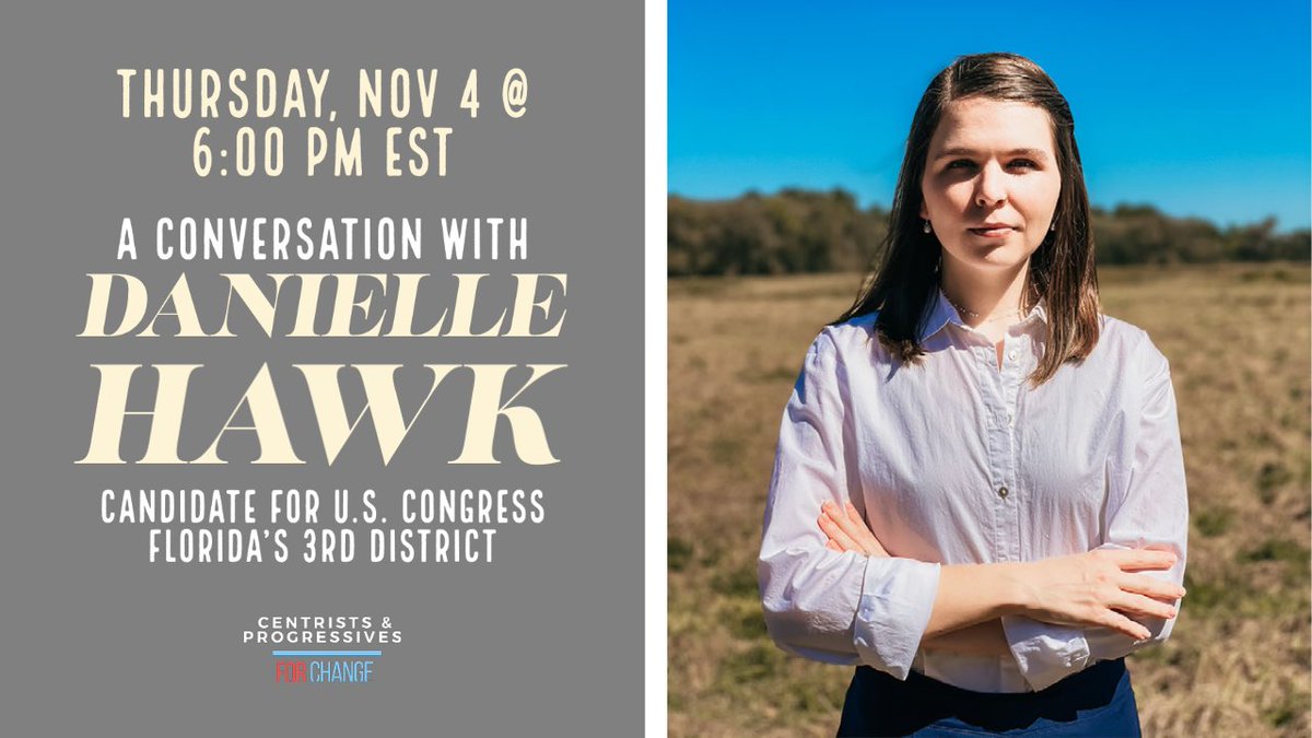 CentristProg's tweet photo. Reminder we go live today at 6:00 PM EST with Candidate for U.S. Congress - FL's 3rd District, Danielle Hawk! https://t.co/ZUcR7eRDqE @HawkforCongress @LetSdeG #DemCastFL #DemCastUSA #Florida https://t.co/adUYqaOhwb