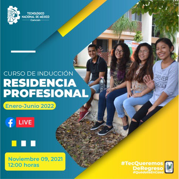 Para todos quienes vayan a hacer Residencia Profesional el próximo semestre Enero-Junio 2022, les invitamos al #CursoDeInducción a llevarse a cabo el martes 09 de noviembre a las 12:00 horas en 👉facebook.com/TECNMcampusCan…
#SomosITCancún #TodosSomosTecNM #35AniversarioTucán