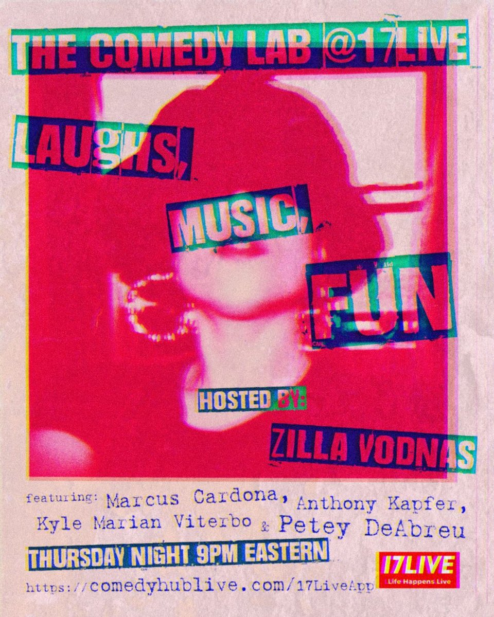 Tonight 6PM PT! Join us for the #premier of The Comedy Lab on 
<a href="/17LIVEus/">17LIVE US</a>
 
Hosted by 
@ZillaVodnas
 
Featuring 
<a href="/marcuscardona/">marcus ツ</a>
<a href="/pdeezjokes/">Petey DeAbreu</a>
<a href="/AnthonyKapfer/">Anthony Kapfer</a>
 <a href="/kylemarian/">KyleMarian 🇵🇭🌏</a>

Help support the show by downloading the app here 
comedyhublive.com/17LiveApp 
#Livestream #Comedy #Standup #17Live