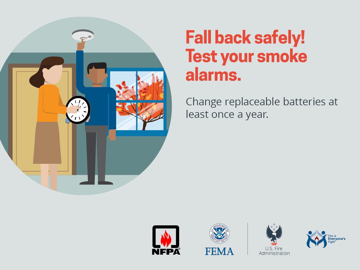 Sparky_Fire_Dog's tweet photo. Fall back safely! Some smoke alarms don’t need the batteries to be replaced annually, but ALL smoke alarms need to be working. Smoke alarms should be tested monthly by pushing the test button. #DaylightsSavings #FallBack https://t.co/jxRwVXQ989