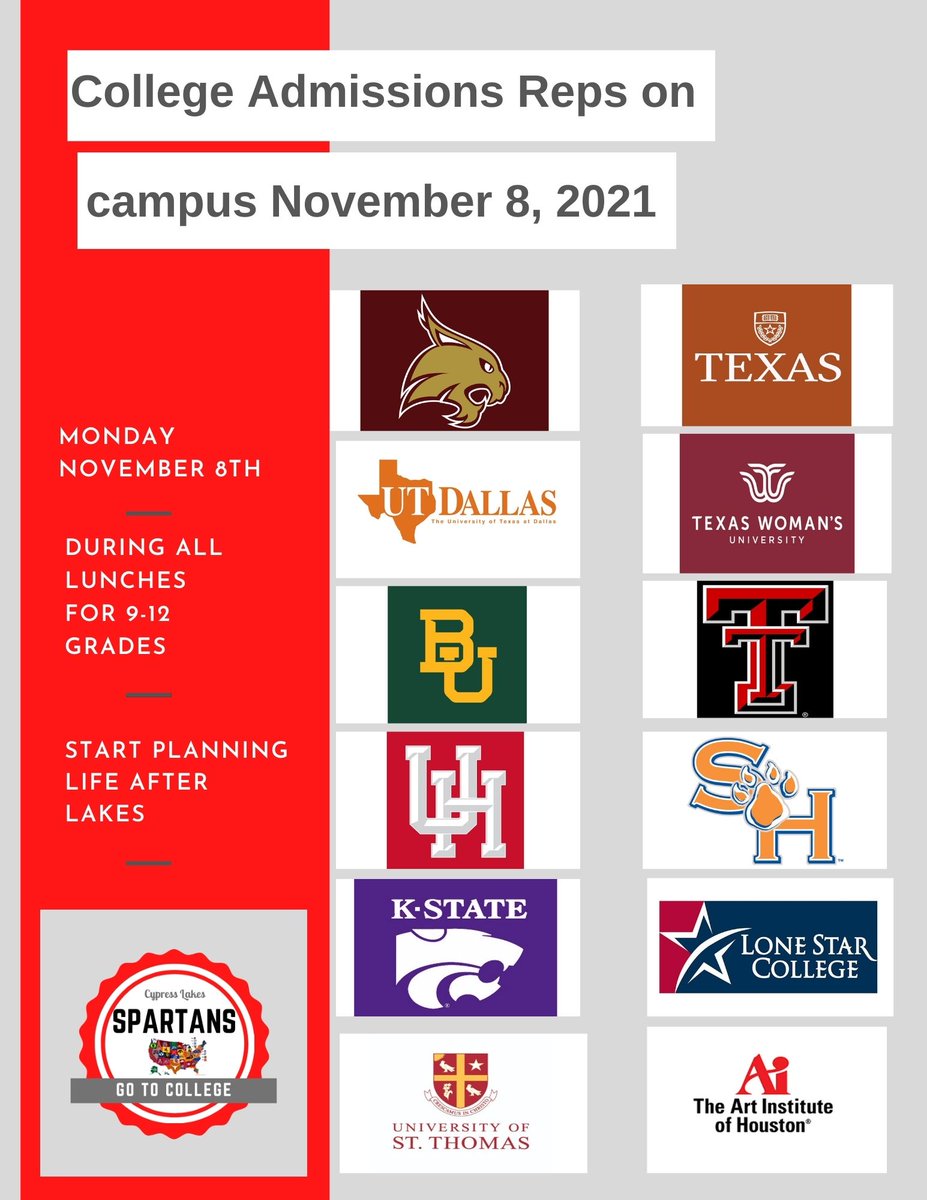 cylakesCCC's tweet photo. Calling ALL @CFISDCyLakes! College Fair Monday November 8th in the main hallway during all lunches.  #spartansgotocollege https://t.co/wFL2UTc7j5