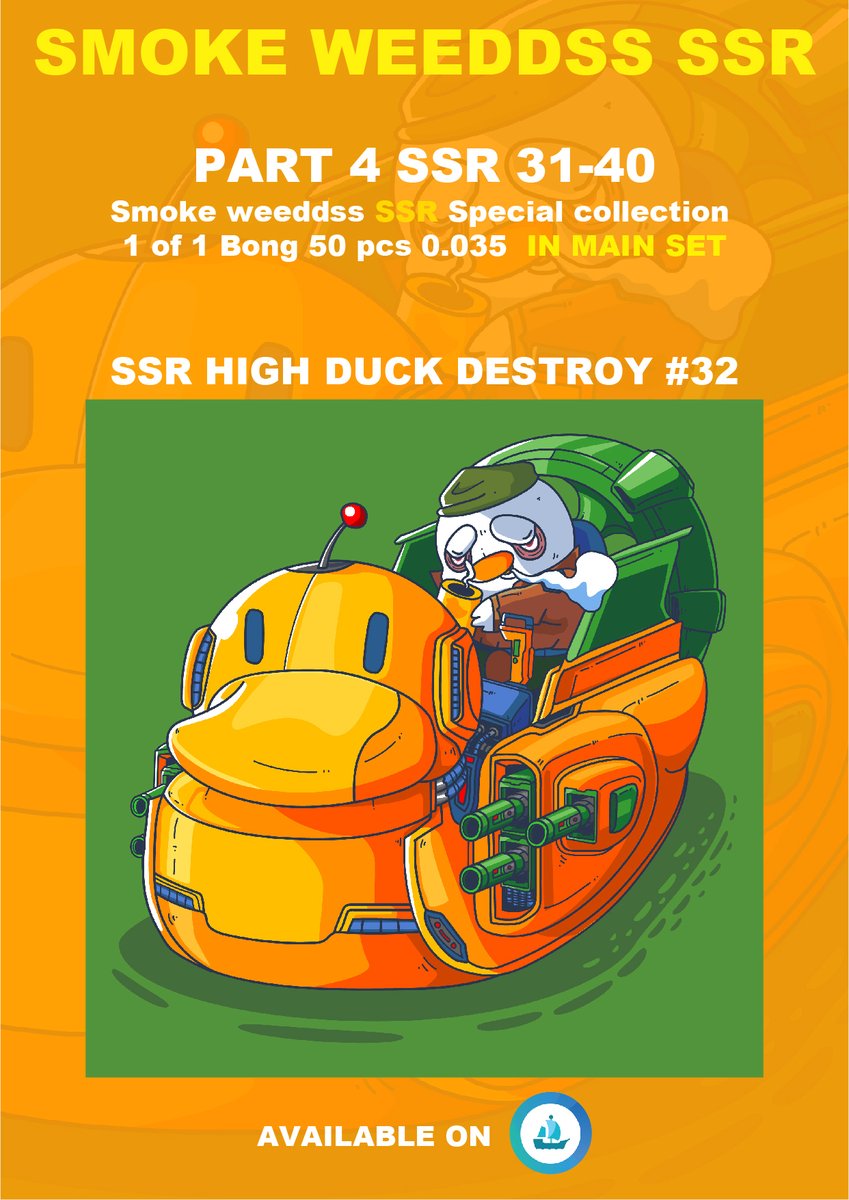 SWeeddss's tweet photo. SMOKE WEEDDSS SSR HIGH 50pcs 
SOLD 26/50 
SSR HIGH PHARAOH RACING #27
SSR HIGH KING YETI #28
SSR HIGH GOOD TIME #29 
FOR WINNER > SSR HIGH CHIMERA #30
SSR HIGH OONG TANK #31
SSR HIGH DUCK DESTROY #32

AVAILABLE 
https://t.co/Y1Efg61tUg

#nftcollector #NFTCommunity #NFTdrops https://t.co/lll2DSWNLq