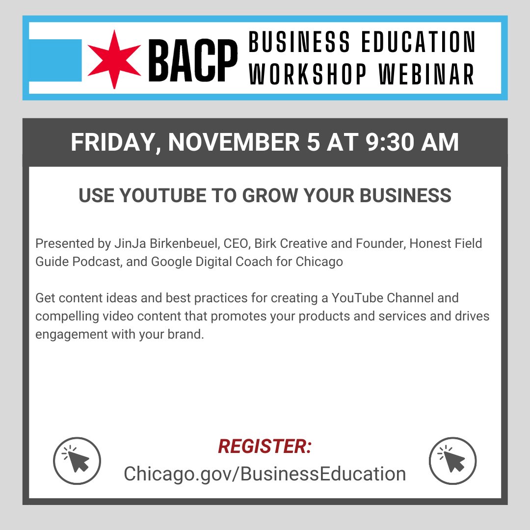 Thinking about using YouTube to drive engagement to your brand? Join BACP TOMORROW at 9:30 AM for a webinar entitled, "Use YouTube To Grow Your Business," presented by JinJa Birkenbeuel.  Learn best practices, how to create content and more. Register at Chicago.gov/businesseducat…