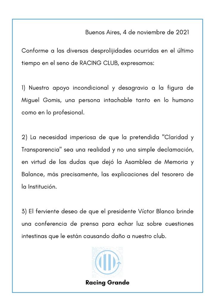 COMUNICADO OFICIAL AGRUPACIÓN RACING GRANDE

#RacingSomosTodos
