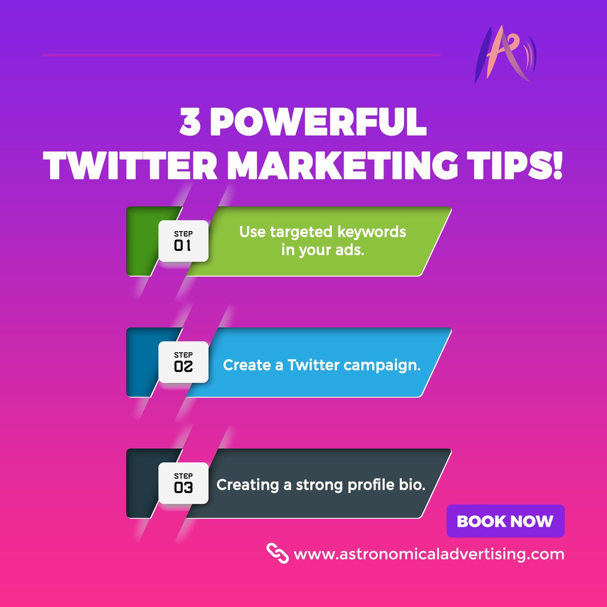 AstronomicalAdv's tweet photo. 3 Powerful Twitter Marketing Tips!
1.Use targeted keywords in your ads.
2.Create a Twitter campaign.
3.Creating a strong profile bio.
 #SocialMediaManagement #SocialNetworks #podcast #MarketingServices #GraphicDesign https://t.co/byN0UUNso1