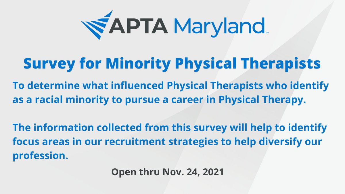 APTAofMaryland's tweet photo. #APTAMD's Survey for Minority PTs is OPEN. Developed to determine what influenced PTs who identify as a racial minority to pursue a career in Physical Therapy. #diversifyPT  #PTrecruitment  #aptamdDEI https://t.co/ZI1uPlLsqN https://t.co/2PdXvBiDQz