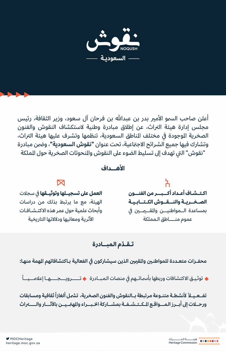 سمو وزير الثقافة، رئيس مجلس إدارة هيئة التراث <a href="/BadrFAlSaud/">بدر بن عبدالله بن فرحان آل سعود</a> يطلق المبادرة المجتمعية الوطنية #نقوش_السعودية والتي تهدف إلى إشراك أفراد المجتمع من مواطنين ومقيمين في استكشاف النقوش والفنون الصخرية في مناطق المملكة.

#هيئة_التراث